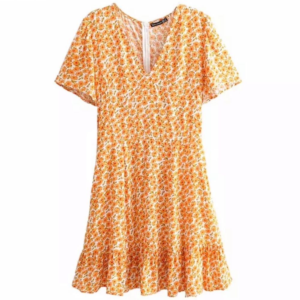 Orange Boho Floral Gypsy Print Short Sleeve Dress - Picture 5 of 7